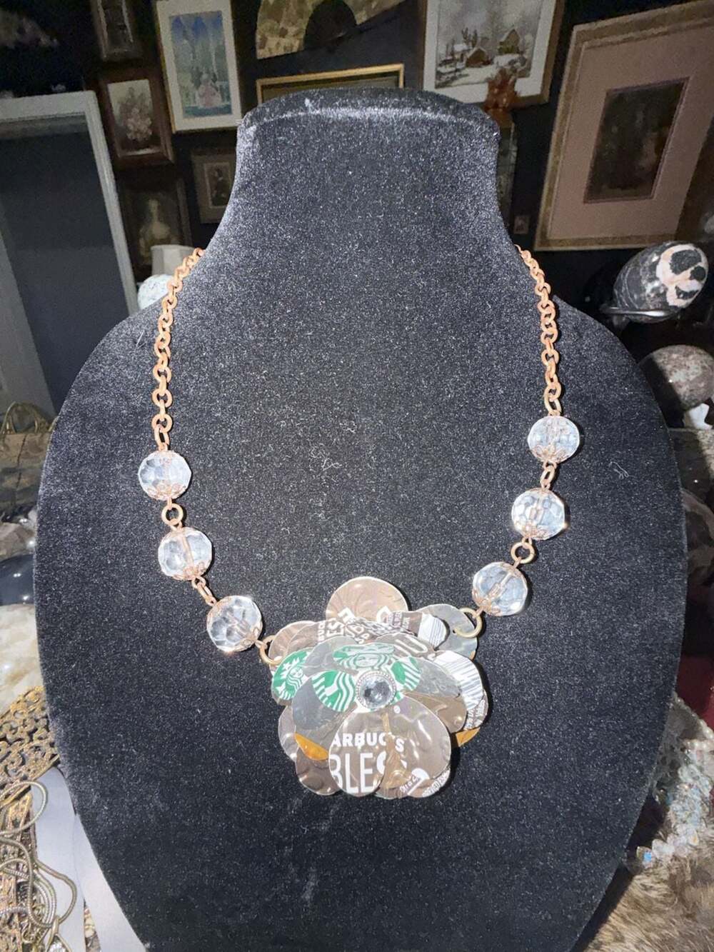 Upcycled Starbucks Coffee Can Lid Flower Statement Necklace
